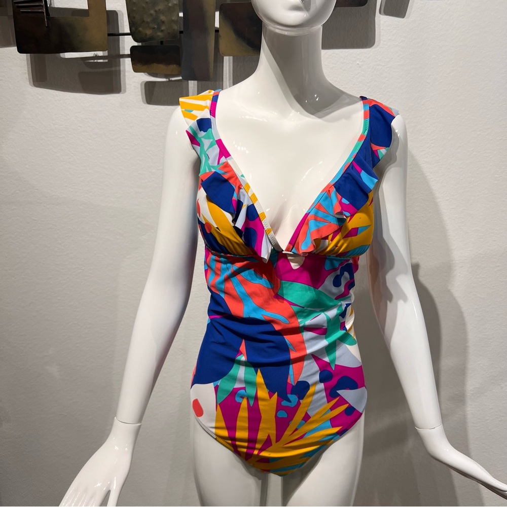 J.Crew Ruched Ruffle One-piece V-Neck Swimsuit Preppy Multicolor Size XL